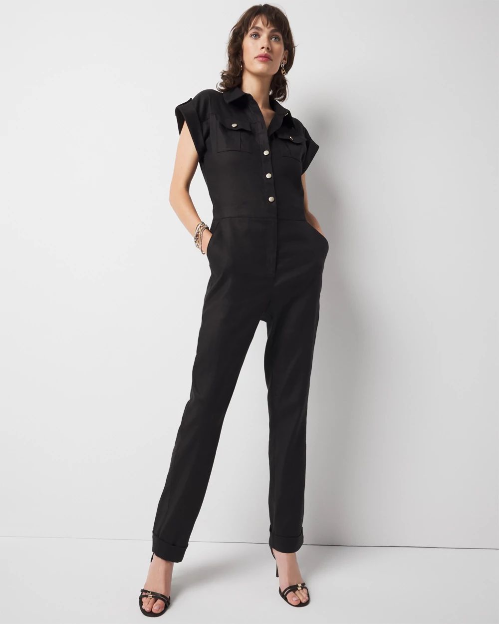 Petite Linen-Blend Short-Sleeve Utility Jumpsuit | White
